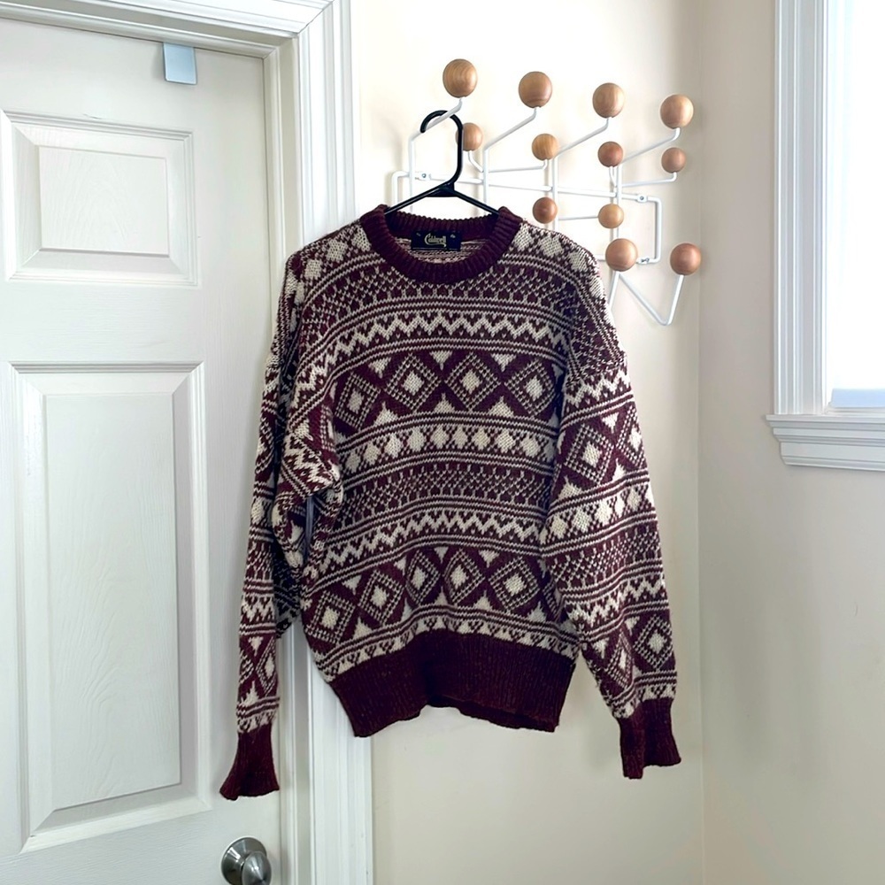 Caldwell - Baggy Knit Sweater Top Shirt - White / Dark Red - M